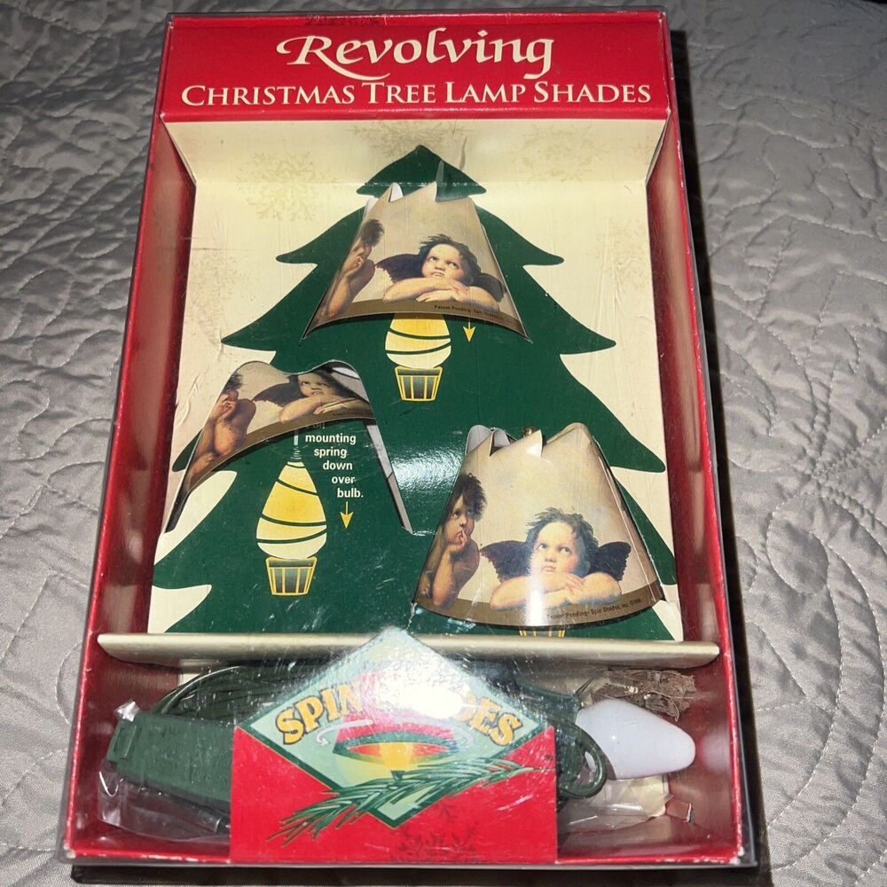 REVOLVING CHRISTMAS TREE LAMP SPIN SHADES ANGELS SET 3 W/CORD BULBS BOX 1994